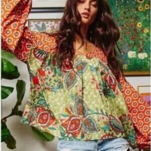 BUCKET LIST Lydia Mixed Print Ballon Sleeve Prairie Poplin Top